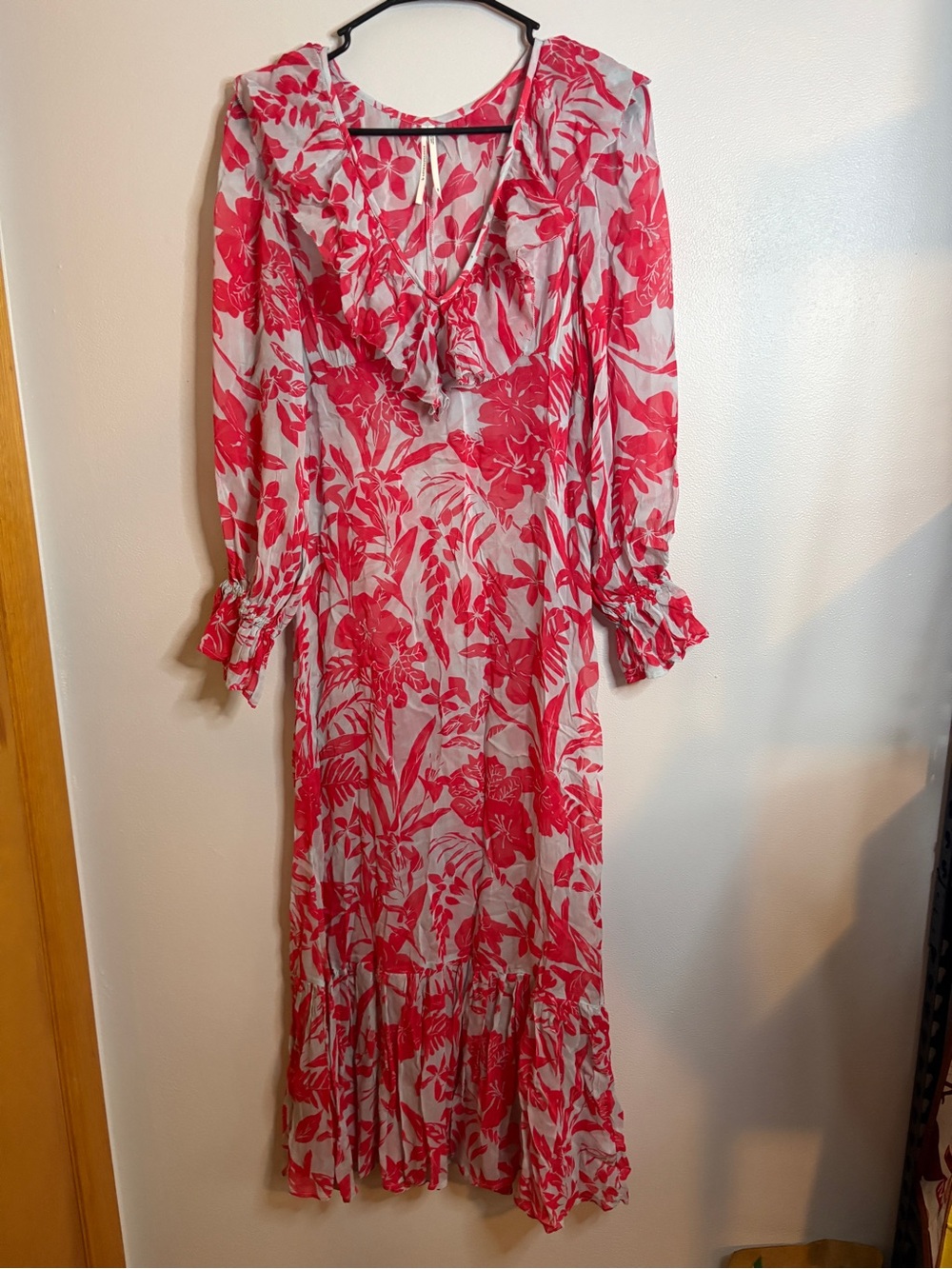 Anthropologie Red Floral Ruffled V-Neck Maxi Dress
